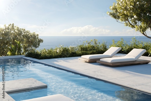 Enjoy Sea View From Poolside Chairs in Tropical Garden During Sunny Day Near ...
