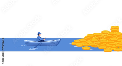 Person Fishing from Boat Near Pile of Gold Coins