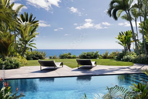 Enjoy Sea View From Poolside Chairs in Tropical Garden During Sunny Day Near ...