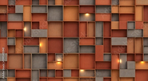 Modern abstract geometric wall made of colorful rectangular compartments with lighting accents