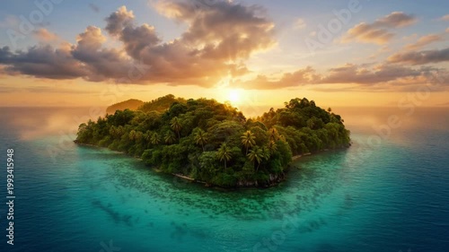 Cinematic 4K drone footage, powerful ascending reveal shot flying up from sea level over small tropical islands