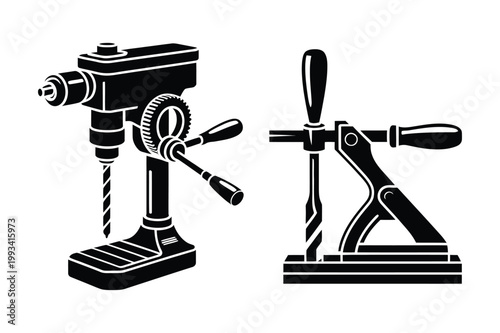Drill press and hand drill vector icons for workshop or diy with machinery