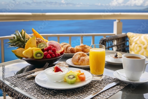 Breakfast With Fruits and Drinks on a Balcony by the Pool in the Morning Sun