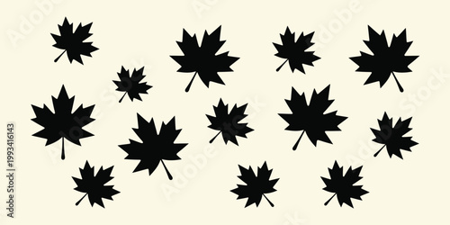 Black maple leaves scattered across light beige background vector illustration autumn pattern.