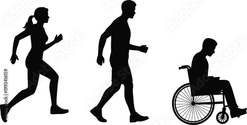 Silhouettes of people running walking and wheelchair user representing inclusive active lifestyle concept