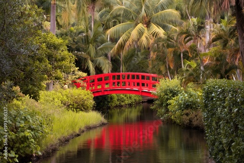 Red Bridge Over a Quiet Stream Surrounded by Green Trees and Plants in a Park...
