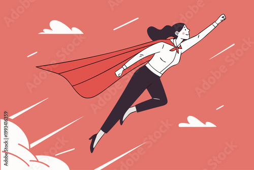 Kobieta lecąca jak superbohaterka w czerwonej pelerynie – motyw siły, odwagi i pewności siebie, koncepcja sukcesu i motywacji.