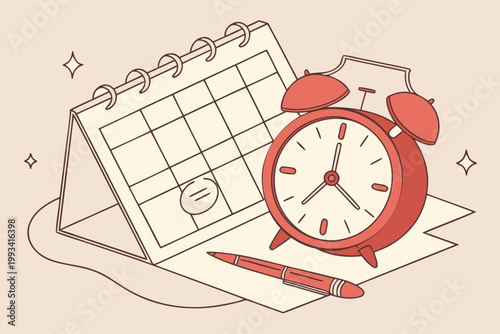 Budzik i kalendarz na biurku – planowanie czasu, organizacja pracy i terminy, przypomnienie o spotkaniu lub zadaniu.