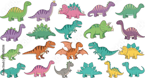 Cute Dinosaur Cartoon Collection Featuring Various Prehistoric Animals Including T Rex Triceratops Stegosaurus and Brontosaurus for Kids Illustration Design.
