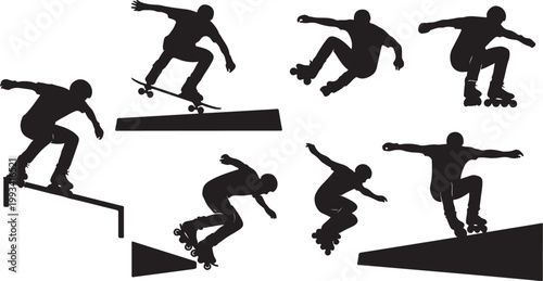 Skateboarding silhouettes, skateboarder icons, black vector graphics, action sports illustrations, athletic poses