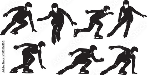 Black silhouette skateboarder icons, skateboarding vector graphics, extreme sports illustrations, action hero poses