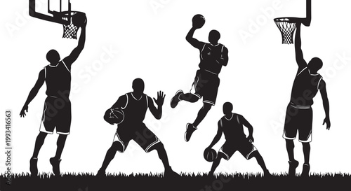 Black silhouette basketball players, athletic poses, sports illustrations, vector graphics, five men playing basketball