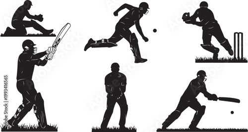 Cricket player silhouettes, black cricket icons, sports illustrations, athletic poses, vector graphics