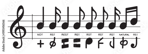 Set of black music notes with treble clef and strange symbols on staff background for creative design project.