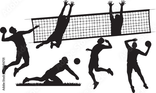Volleyball, sports silhouettes, athletic poses, black icons, vector set