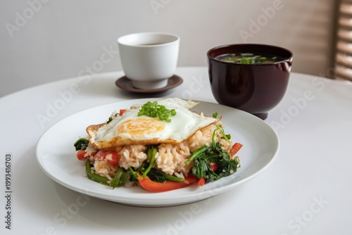 Delicious Meal With Fried Egg and Vegetables Served on a Plate in a Bright Cafe