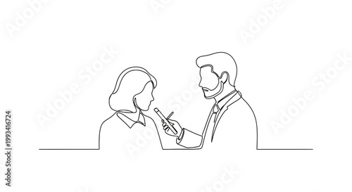 Journalist interviewing woman with microphone, continuous line art, minimalist illustration