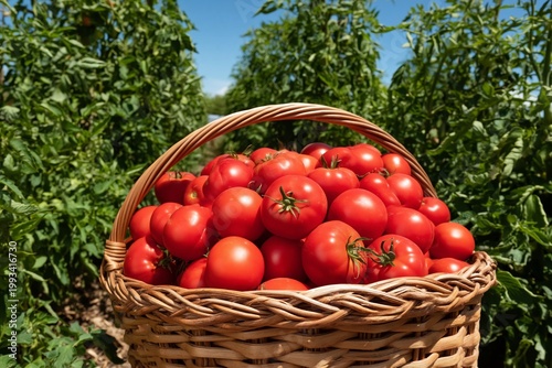 Freshly Picked Tomatoes in a Wicker Basket Under a Clear Sky on a Sunny Day