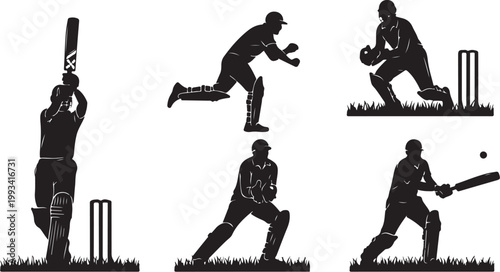 Cricket player silhouettes, black cricket icons, sports illustrations, athletic poses, vector graphics
