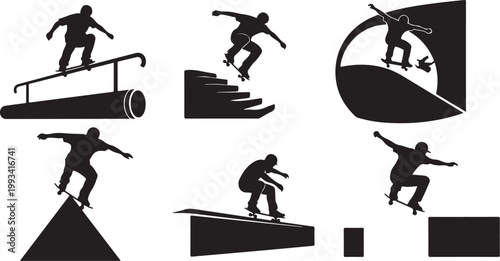 Skateboarding icons, black silhouettes, skateboarder graphics, action sports illustrations, vector set