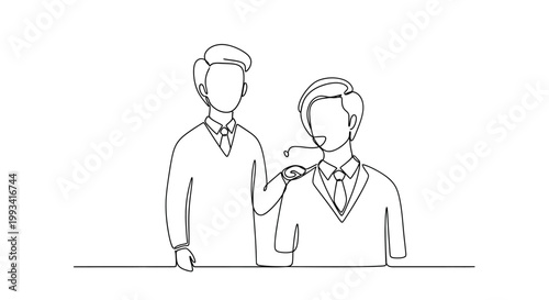 Two men in school uniforms, one with hand on shoulder, friendship, support, teamwork, unity