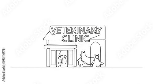 Veterinary Clinic Building with Animals, Single Line Art