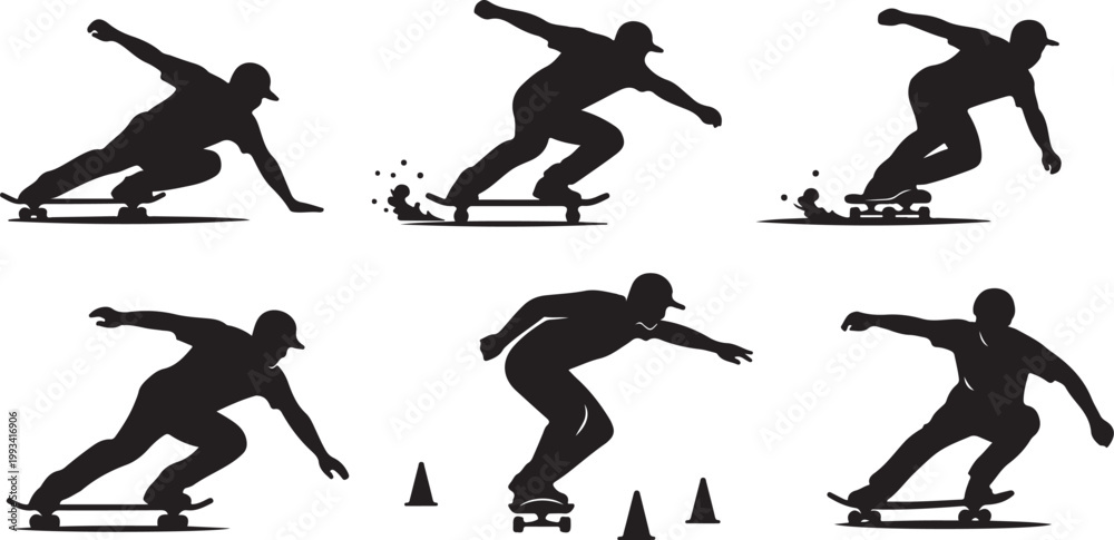 Fototapeta premium Black skateboarder silhouettes, skateboarding poses, vector graphics, sports icons, action figures