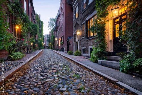 Street With Cobblestones and Buildings Covered in Greenery in the Evening Light
