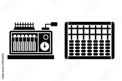 Retro abacus and mechanical counter icons with calculator counting arithmetic