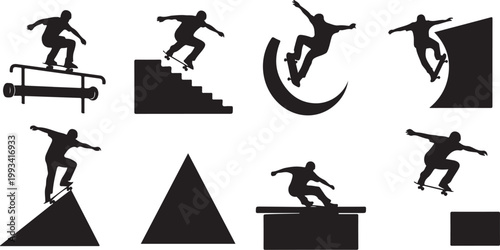 Black skateboarder silhouettes, skateboarding icons, ramp illustrations, action graphics