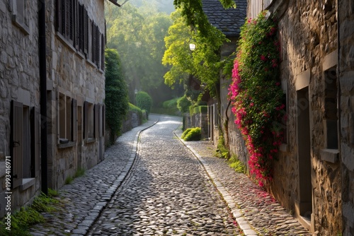 Path Through a Stone Street With Flowers and Sunlight in a Quiet Village Duri...