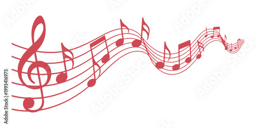 Melody flowing music notes graphic element, red musical symbols on transparent background, artistic composition.