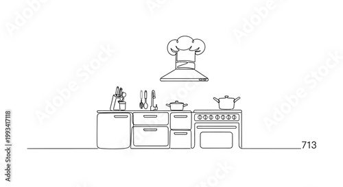 Kitchen Line Art Illustration: Chef Hat, Stove, Pots, Utensils, and Cabinets