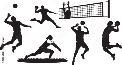 Volleyball players, black silhouettes, athletic poses, sports icons, vector graphics