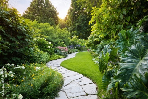 Garden Path Winds Through Green Plants Near Flowers at Sunset in Quiet Outdoo...