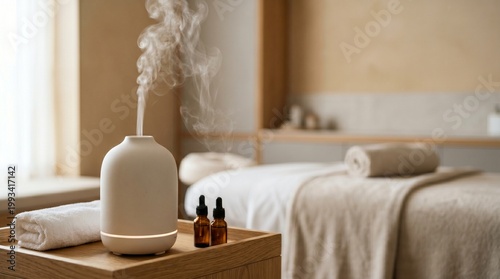 Aromatherapy diffuser with essential oils in calming treatment room  
