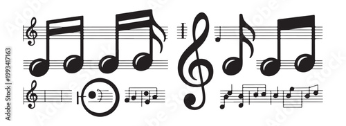 Collection of musical notes and symbols on staves with treble clef for melody composition and musical notation elements.