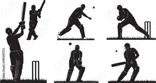 Cricket player silhouettes, black cricket icons, sports illustrations, athletic poses, vector graphics
