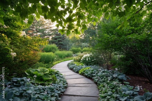 Garden Path Winds Through Green Plants Near Flowers at Sunset in Quiet Outdoo...