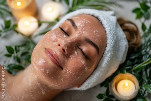 Woman Applying Cream on Her Face in a Bright Bathroom During Morning Skincare...