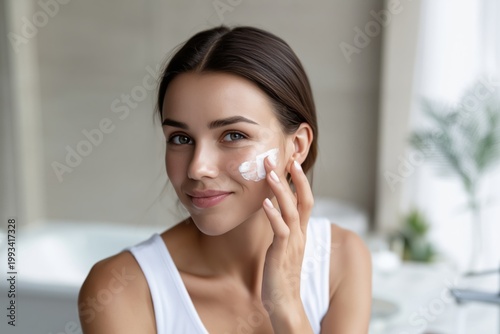 Woman Applying Cream on Her Face in a Bright Bathroom During Morning Skincare...