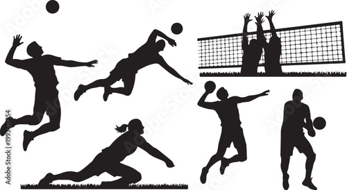 Volleyball, sports icons, black silhouettes, athletic actions, volleyball players, team sport
