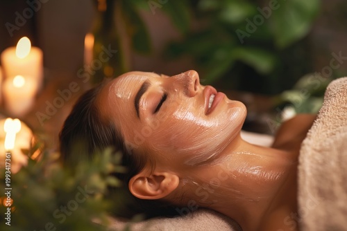 Woman Receives Facial Treatment in a Spa Surrounded by Plants and Candles in ...
