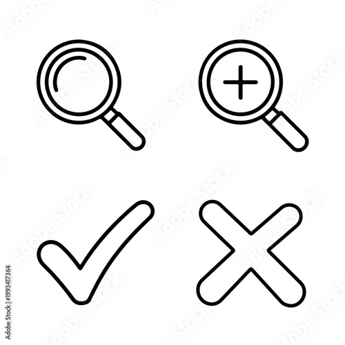 Magnifying icon. Magnifying glassicon set. Zoom symbol. Check mark true and false 