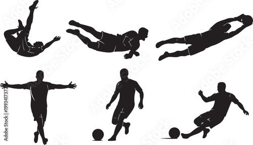Black soccer player silhouettes, football vector icons, kicking, running, jumping players