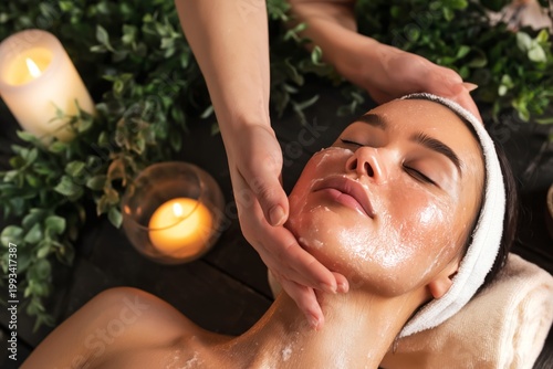 Woman Receives Facial Treatment in a Spa With Candles and Greenery in the Bac...