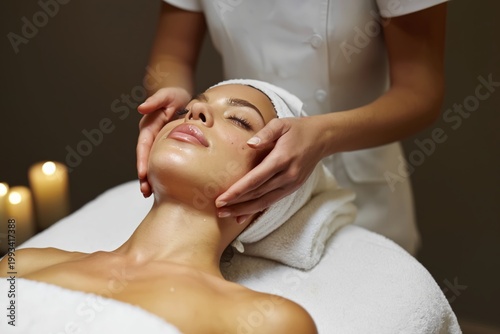 Woman Receives Facial Treatment in a Spa With Candles and Greenery in the Bac...