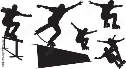 Black silhouette skateboarder icons, skateboarding vector graphics, action sports illustrations, extreme skate park graphics