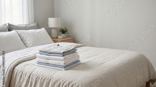 Freshly folded laundry stacked on a bed in a cozy bedroom  