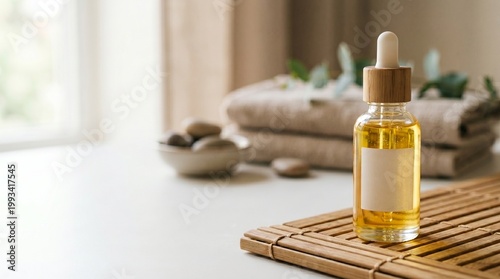 Bottle of essential oil on bamboo mat with soft textiles and stones  
